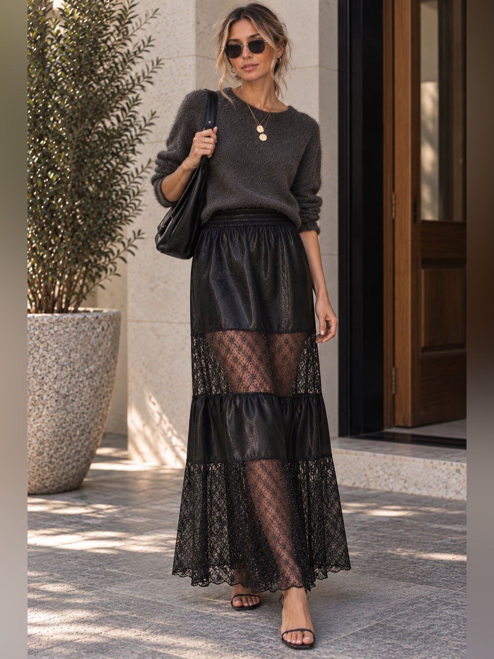 Black Satin Lace Maxi Skirt Sheer Panel Romantic Goth Whimsigoth Boho 90s Fairy